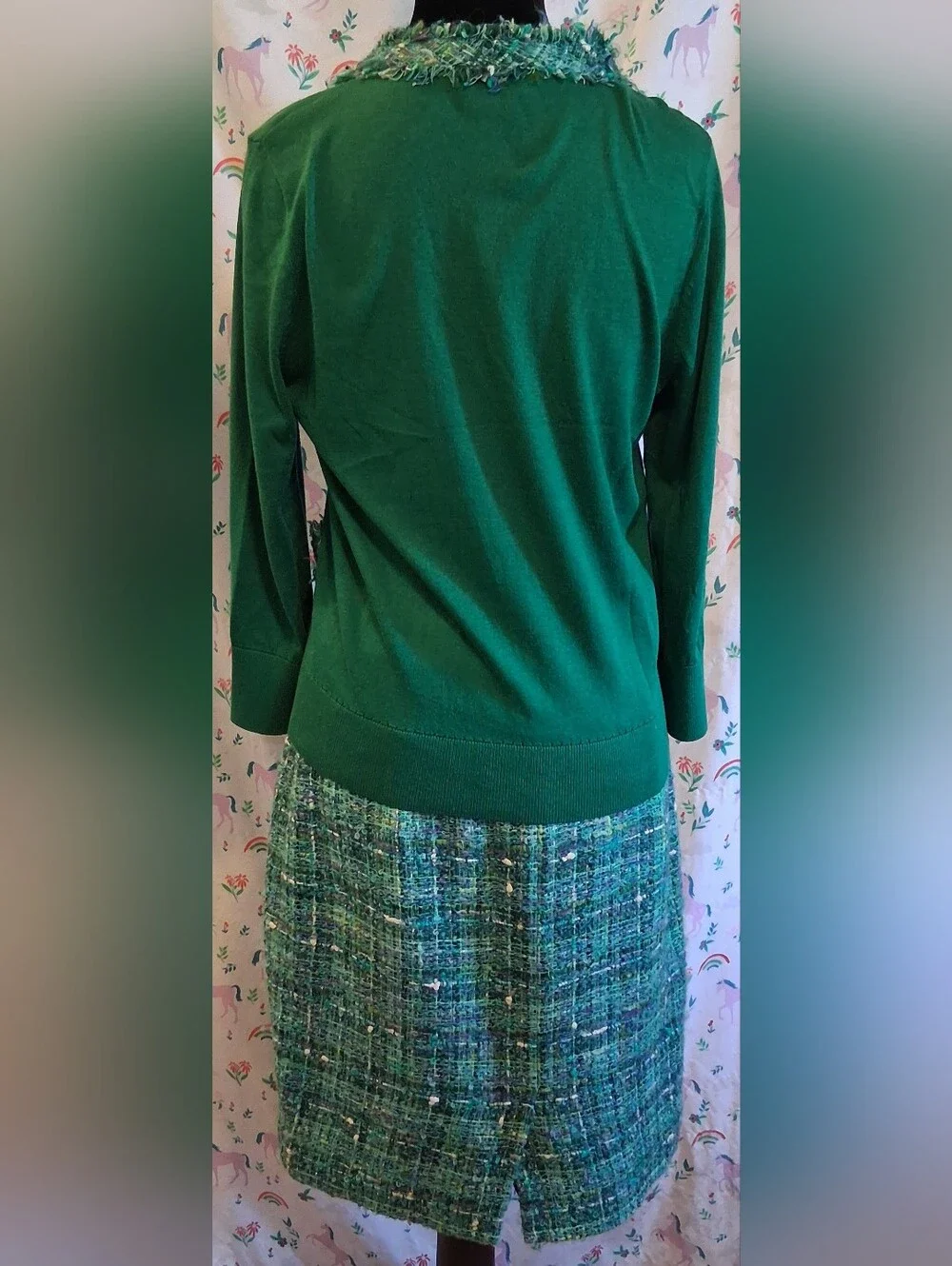 NWOT Kate Spade Green Silk & Cotton Knit Tweed Cardigan & Skirt Suit Set SZ M